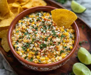 Creamy Mexican Corn Dip with melted cheese and fresh cilantro in a serving bowl
