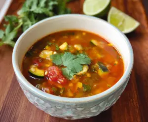 Hearty Mexican zucchini soup served in a bowl with fresh herbs and vegetables.