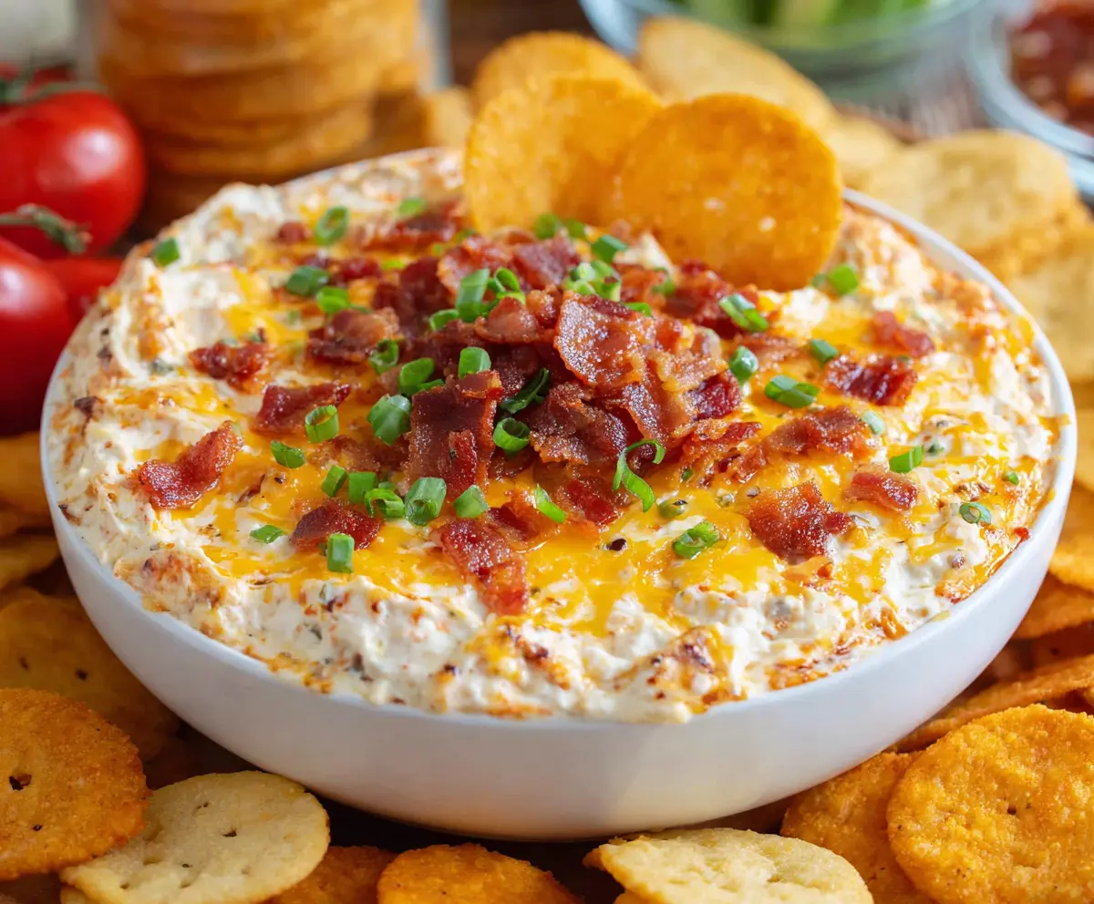 Creamy Million Dollar Dip topped with crispy bacon and melted cheese, perfect for parties.