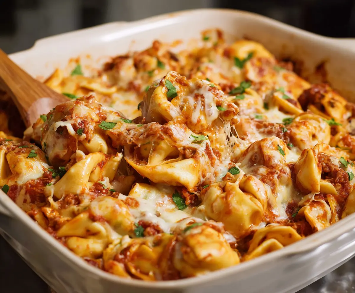 Delicious Million Dollar Tortellini Casserole topped with melted cheese and fresh herbs.