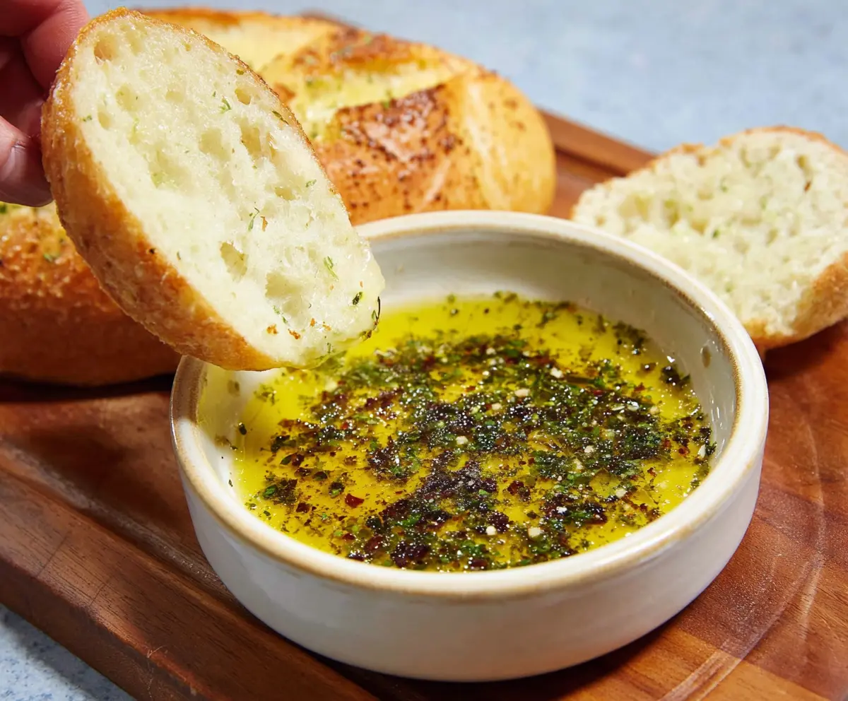 A bowl of olive oil bread dip served with fresh baguette slices for a flavorful appetizer.