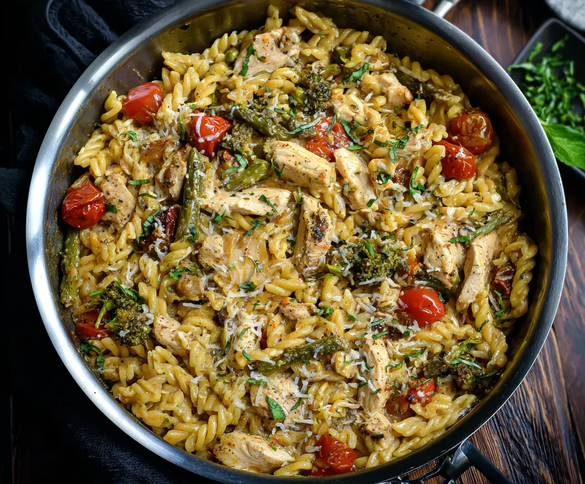 Delicious one-pan pesto chicken pasta with fresh basil and melted cheese on a rustic wooden table.
