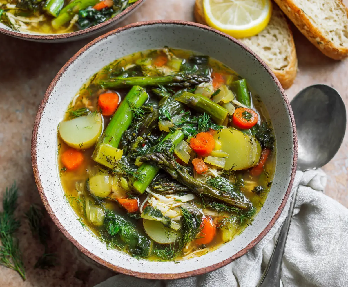 Delicious one-pot spring vegetable soup with fresh seasonal vegetables and herbs.
