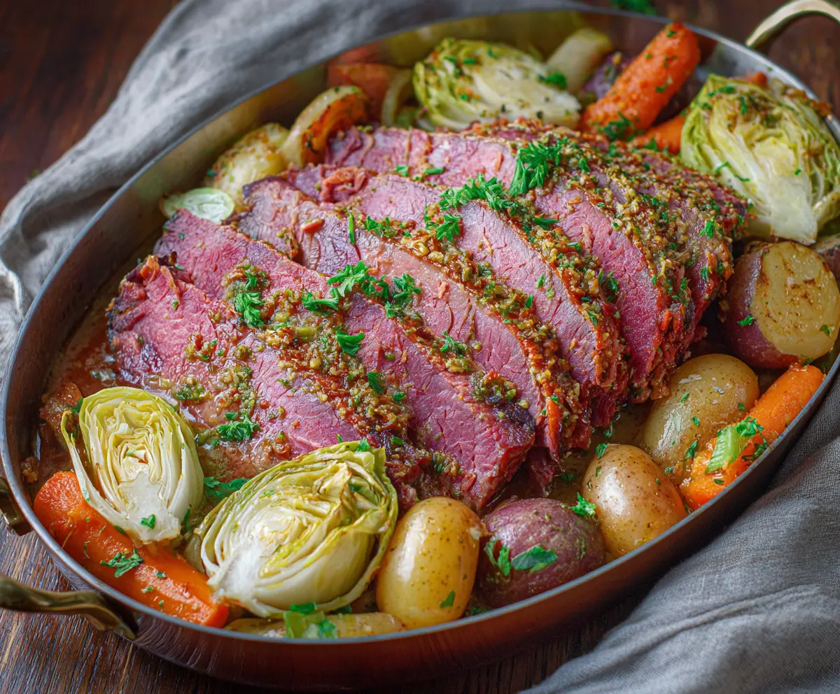 Delicious oven-roasted corned beef with tender cabbage on a festive dinner plate.