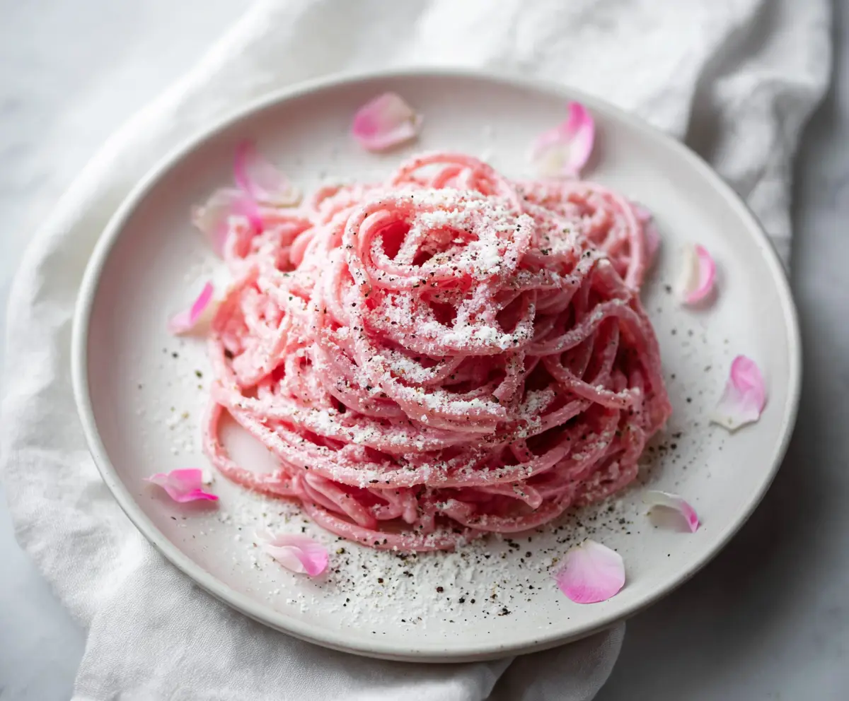 Delicious Pink Cacio E Pepe pasta dish served on a stylish plate