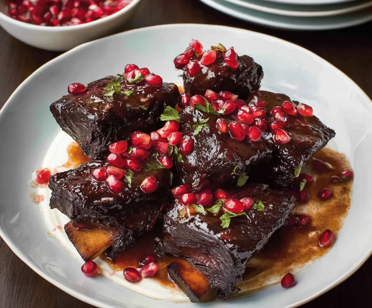 Delicious pomegranate braised short ribs served with fresh herbs and vegetables.