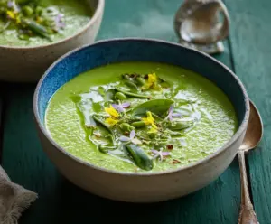Vibrant Primavera Spring Green Soup in a bowl with fresh vegetables
