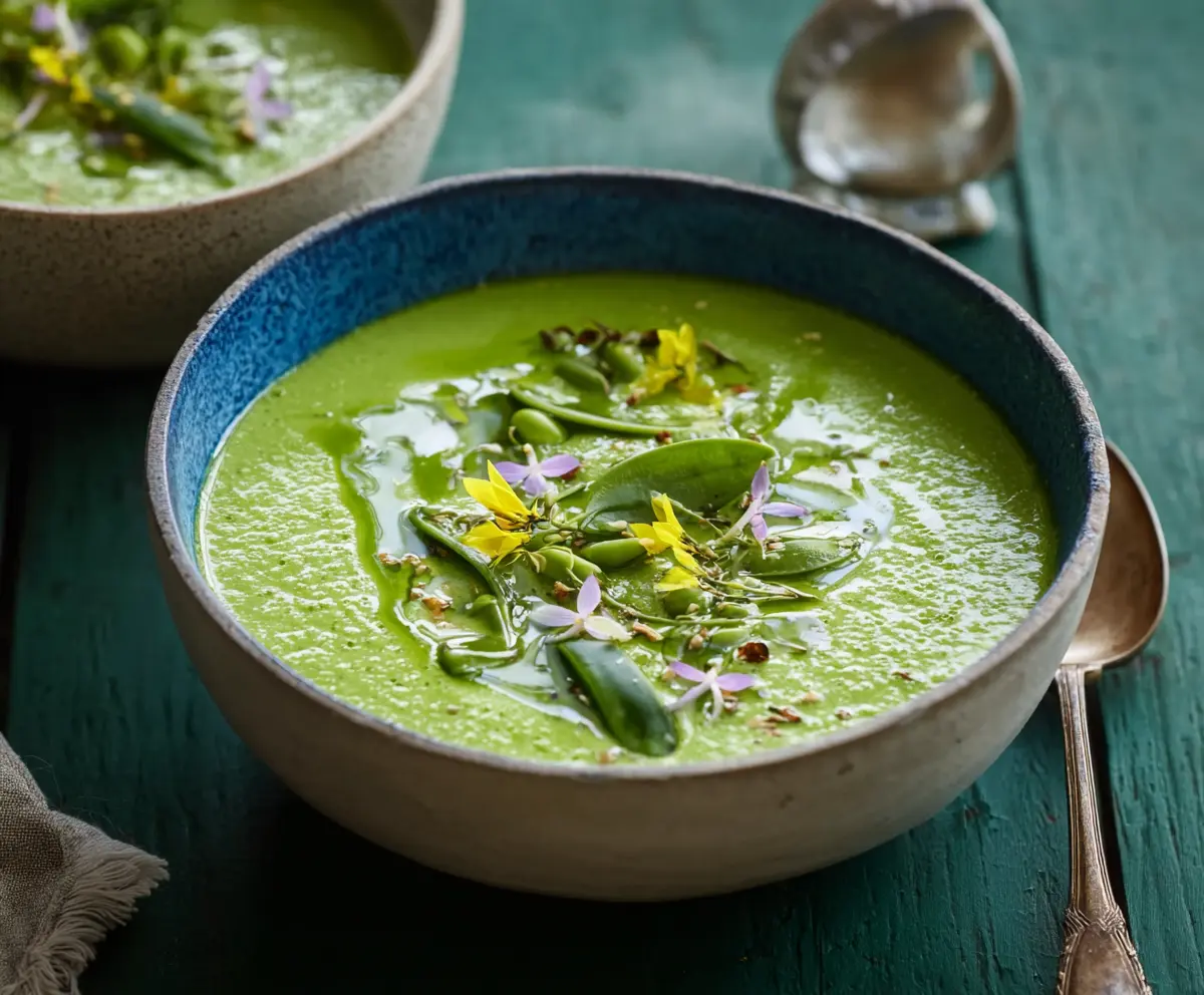 Vibrant Primavera Spring Green Soup in a bowl with fresh vegetables
