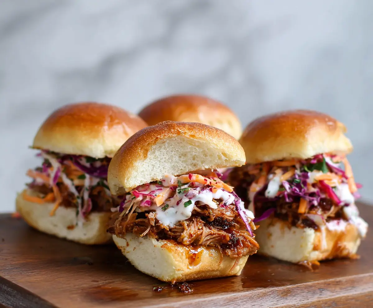 Juicy pulled pork sliders served on a toasted bun with fresh toppings, perfect for parties and gatherings.
