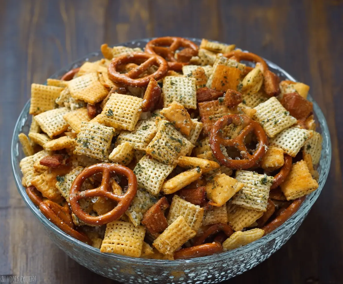 Delicious homemade Ranch Chex Mix with crunchy cereal and savory herbs.