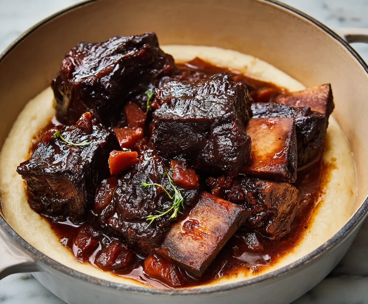 Delicious red wine braised short ribs served with mashed potatoes and fresh herbs.