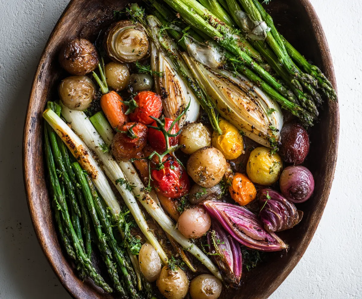 Colorful roasted spring vegetables including asparagus, radishes, and carrots on a baking sheet.