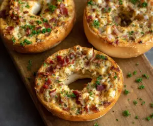 Delicious savory quiche stuffed bagels with golden crust and cheesy filling, perfect for breakfast or brunch.