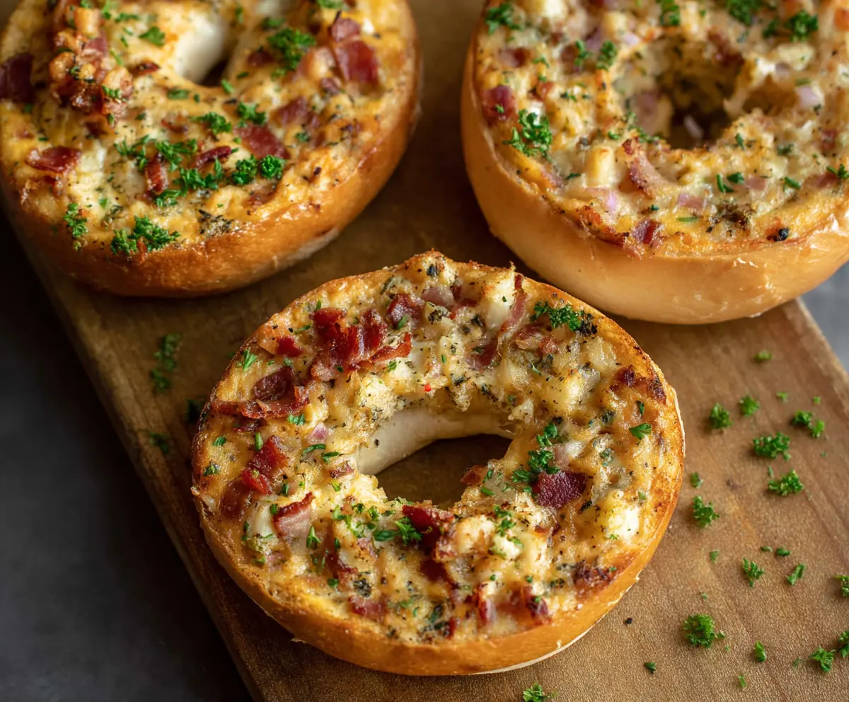 Delicious savory quiche stuffed bagels with golden crust and cheesy filling, perfect for breakfast or brunch.