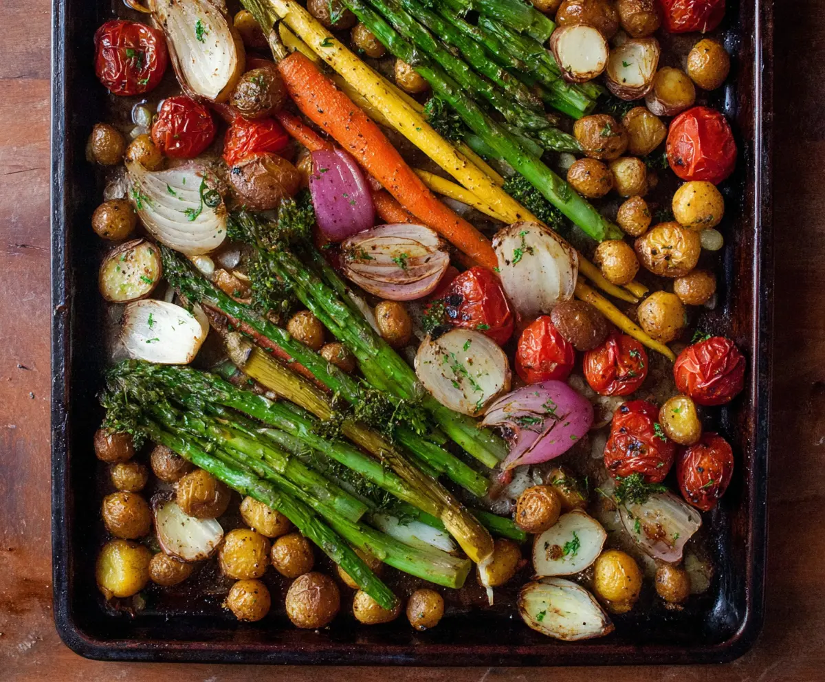 Colorful sheet pan with fresh spring vegetables including asparagus, radishes, and snap peas.