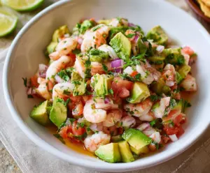 Fresh shrimp ceviche with diced avocado and vibrant herbs served in a bowl.
