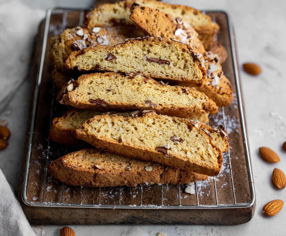 Sourdough discard toasted almond biscotti on a plate with almonds and a cup of coffee