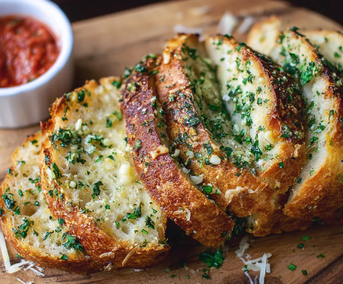 Delicious homemade sourdough garlic bread sliced and ready to serve, crispy crust and flavorful garlic spread.