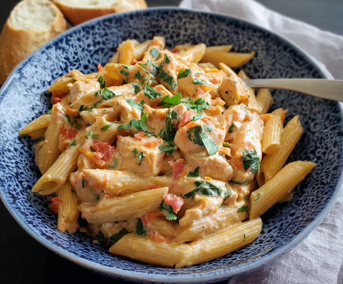 Creamy Southwest Alfredo Penne Pasta with spicy peppers and melted cheese