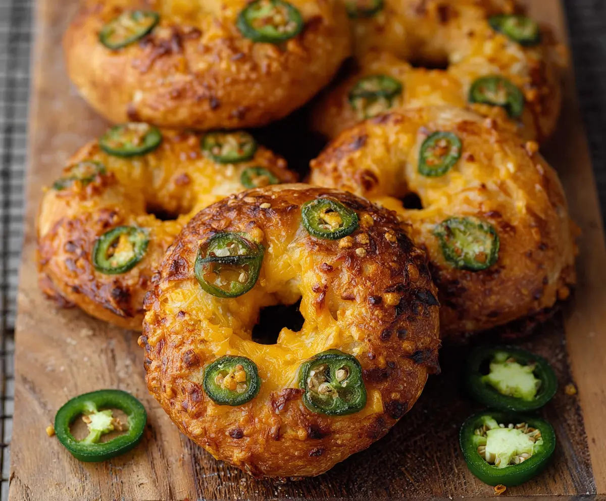 Delicious spicy jalapeño cheddar bagels on a rustic wooden board, showcasing a flavorful breakfast option.
