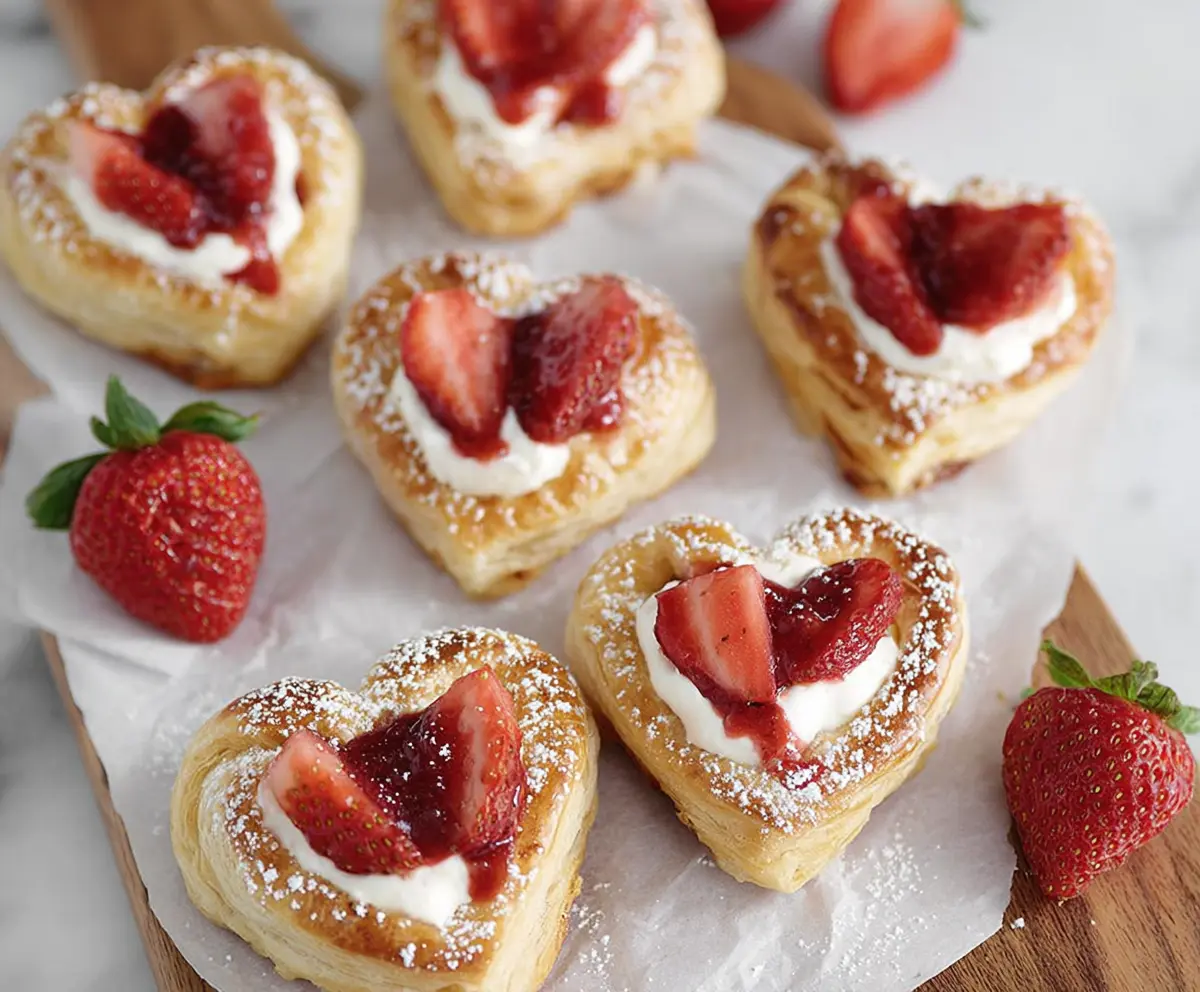 Fresh Strawberry Danish Hearts pastry with glazed icing on a white plate for breakfast or brunch.