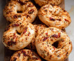 Delicious homemade Sun-Dried Tomato Sourdough Bagels with a golden crust and chewy interior.