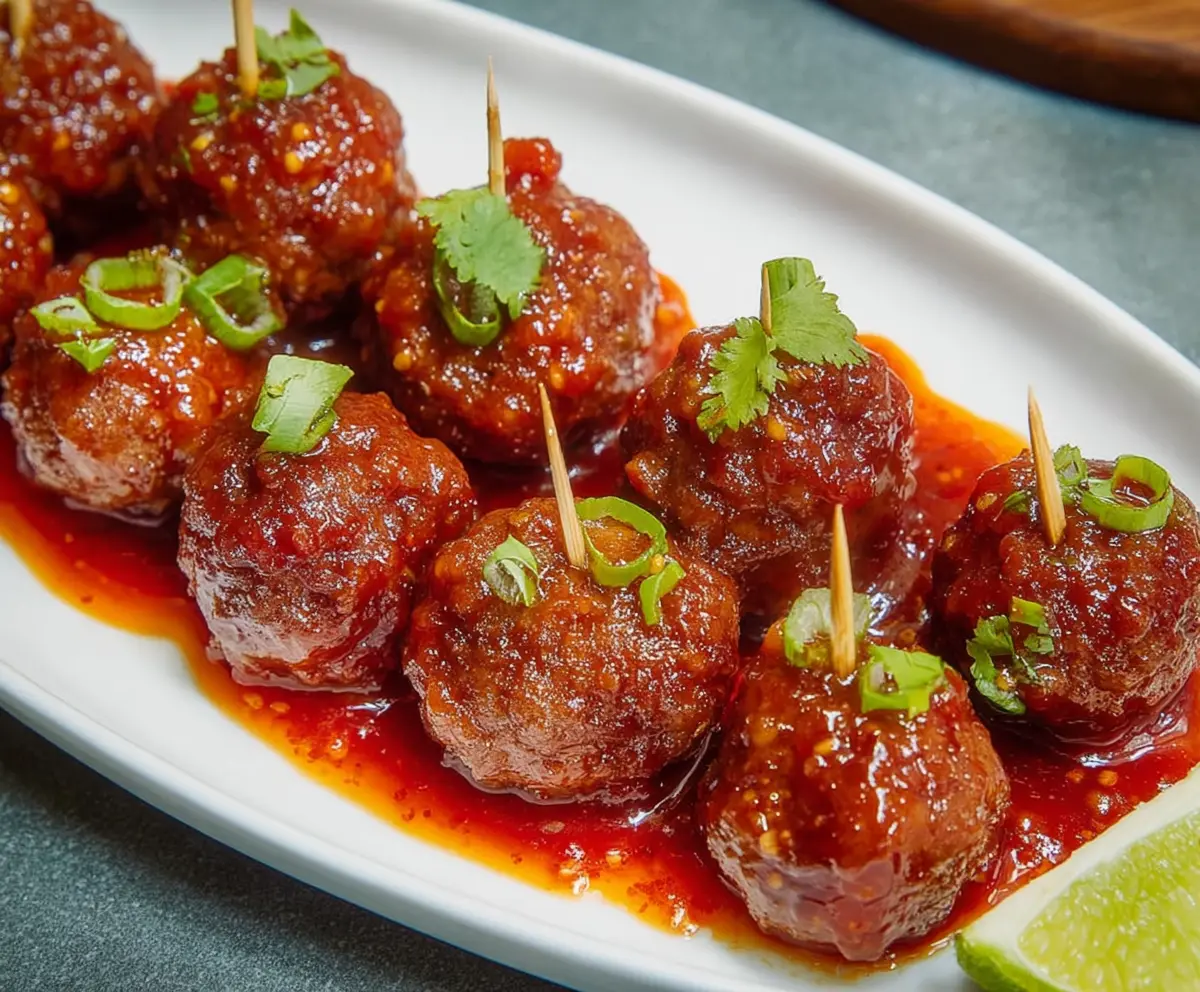 Delicious sweet and spicy meatballs served with fresh herbs on a white plate.