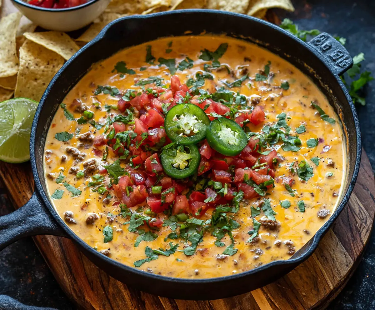 Creamy Cowboy Queso Dip served with crispy tortilla chips, perfect for parties.
