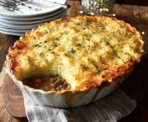 Homemade Turkey Shepherd's Pie topped with mashed potatoes and fresh herbs on a rustic plate.