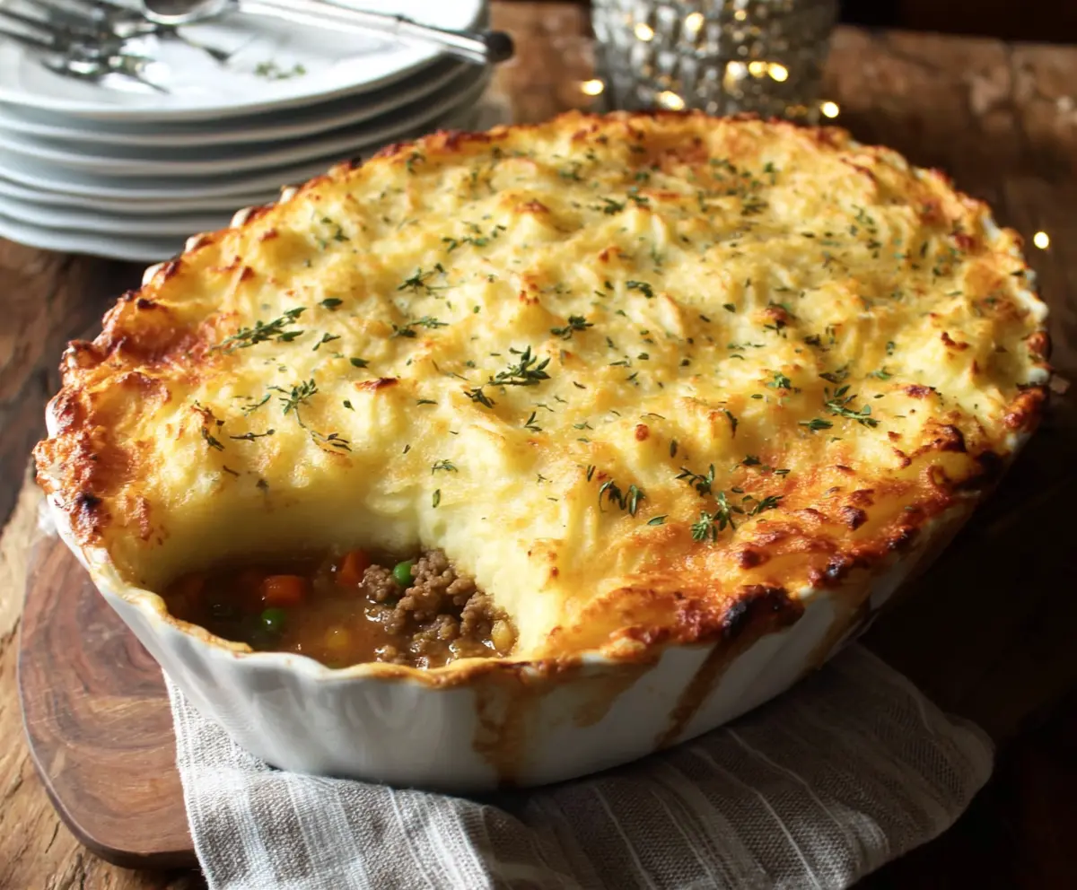 Homemade Turkey Shepherd's Pie topped with mashed potatoes and fresh herbs on a rustic plate.