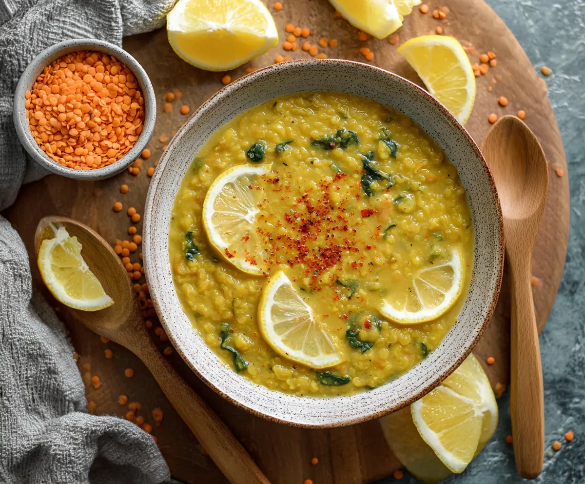 Vegan Lemon Lentil Soup with Turmeric served in a bowl, showcasing vibrant yellow color and fresh lemon garnish.
