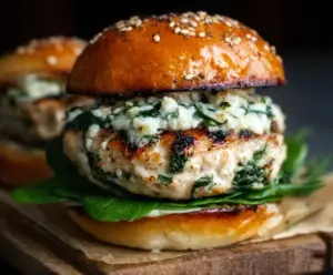 Juicy White Cheddar Spinach Chicken Burgers served on a bun with fresh toppings.