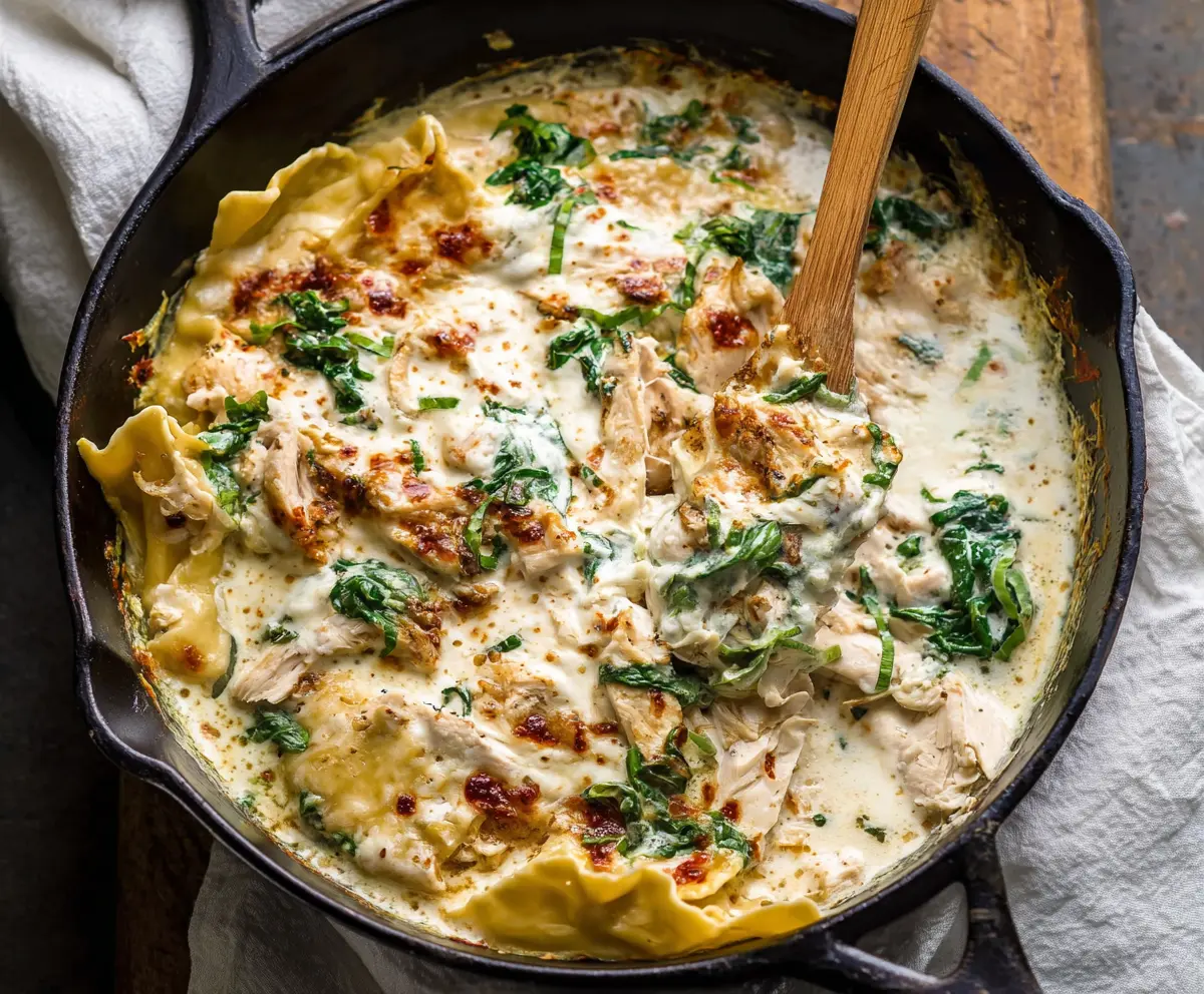 Delicious White Chicken Skillet Lasagna in a sizzling skillet with melted cheese and herbs