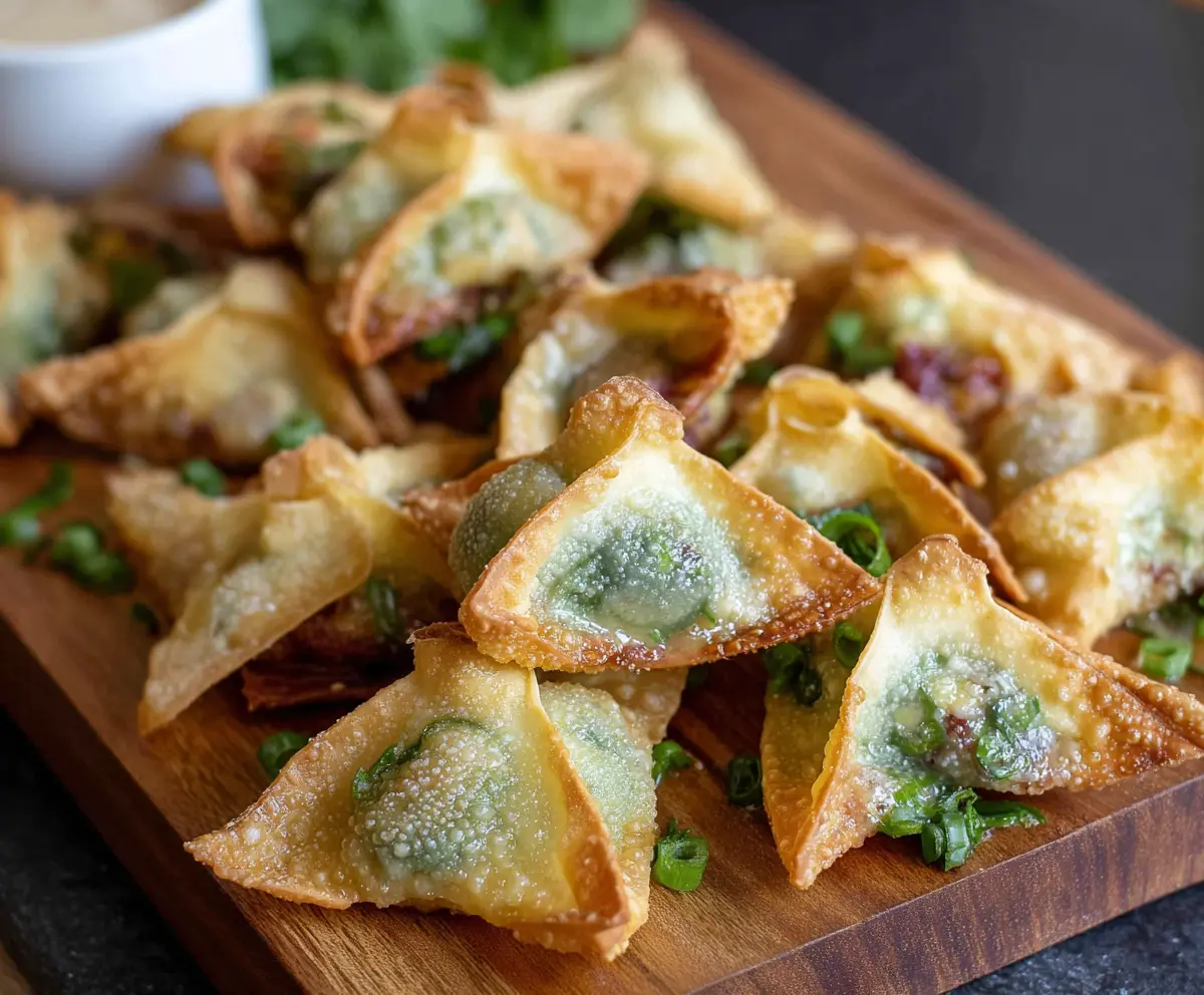 Crispy Wonton Jalapeño Poppers filled with cheese and jalapeños, served as a spicy appetizer.
