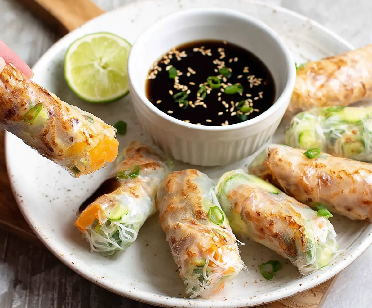 Crispy air fryer rice paper rolls filled with fresh vegetables and herbs, served with dipping sauce