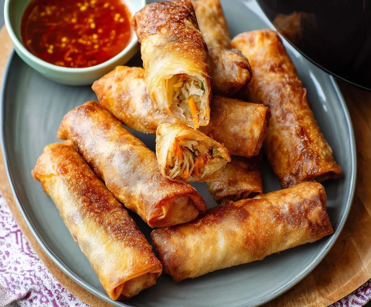 Crispy Air Fryer Spring Rolls filled with fresh vegetables and served with dipping sauce