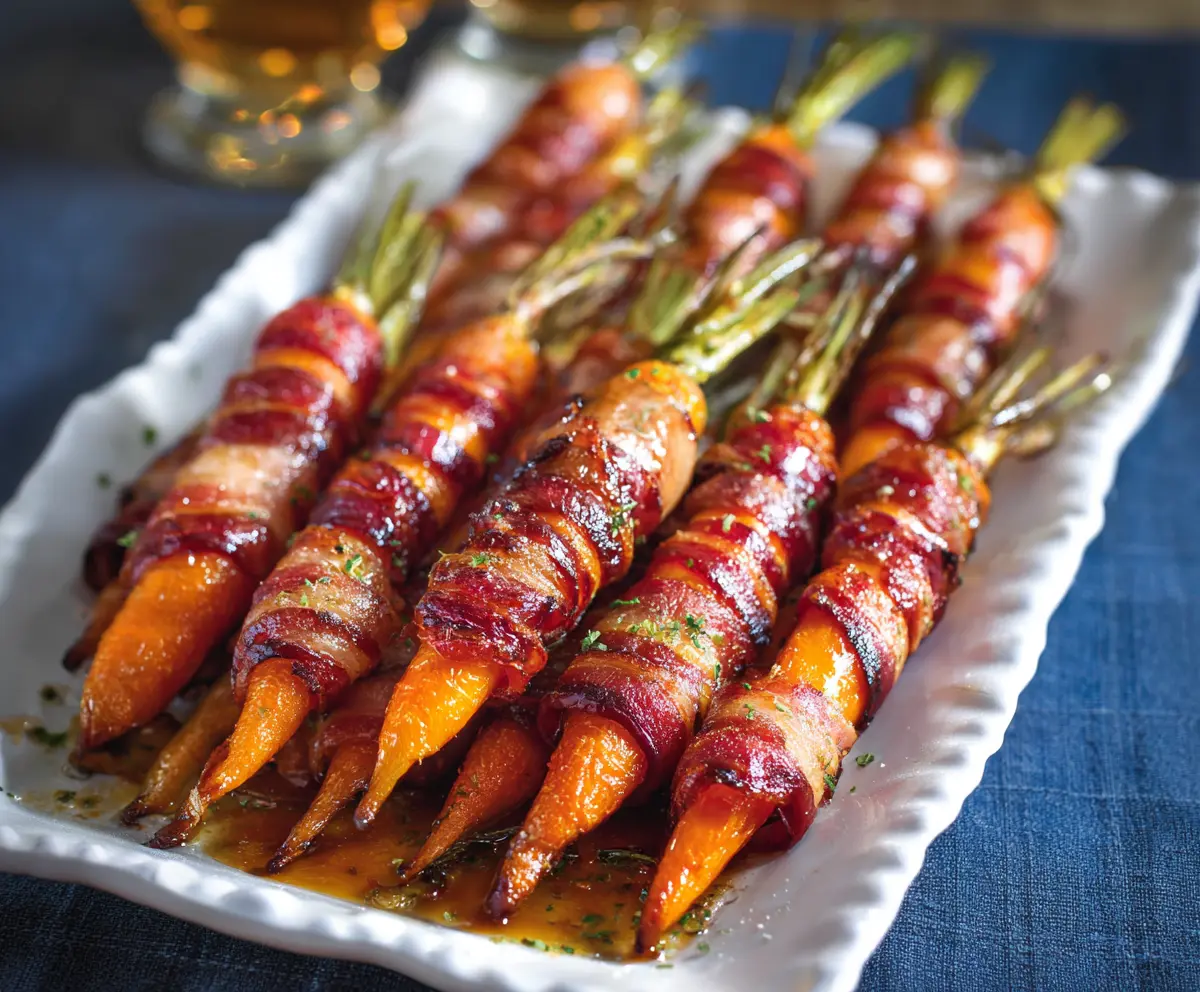 Delicious bacon-wrapped carrots garnished with herbs on a rustic plate for a savory appetizer.