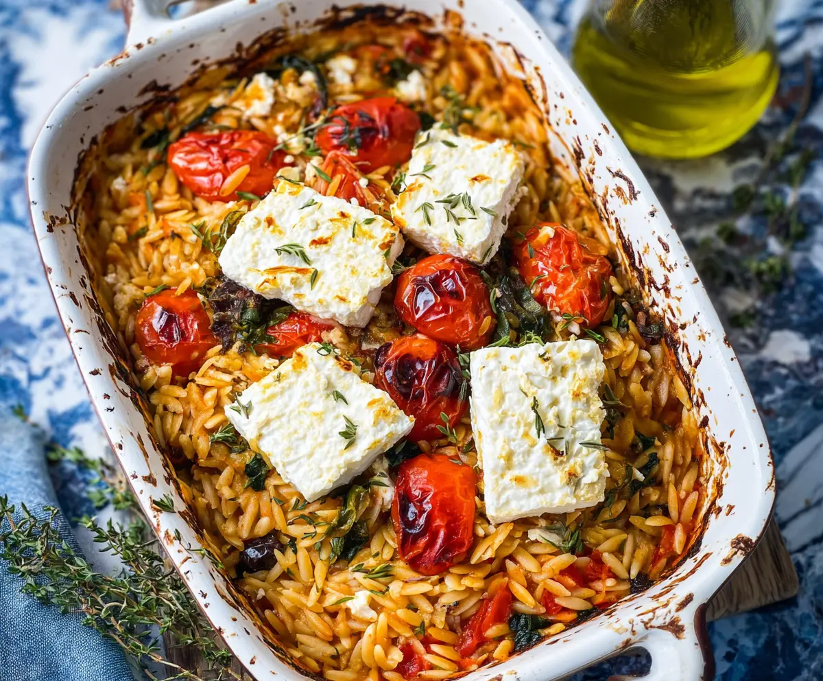 Delicious baked feta orzo pasta topped with fresh herbs, perfect for a savory dinner.