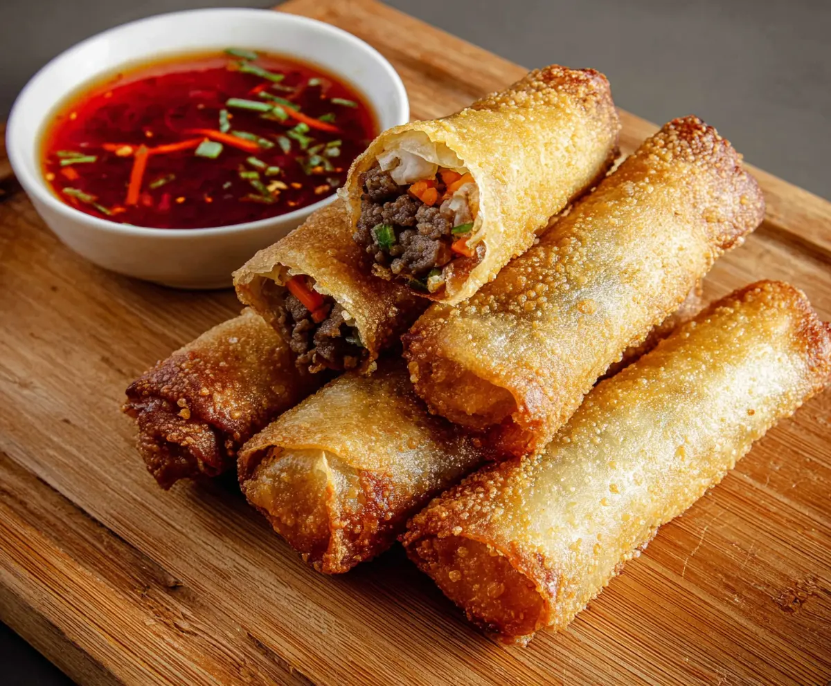 Crispy beef lumpia rolls served with sweet dipping sauce on a white plate