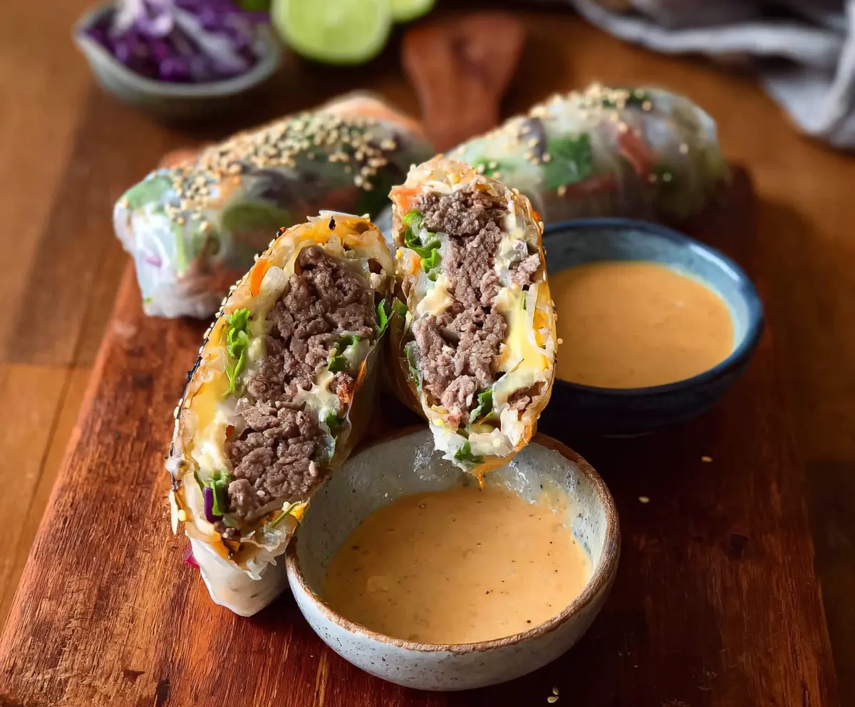 Delicious Big Mac Rice Paper Rolls with fresh lettuce, cheese, and beef in a crunchy rice paper wrap.