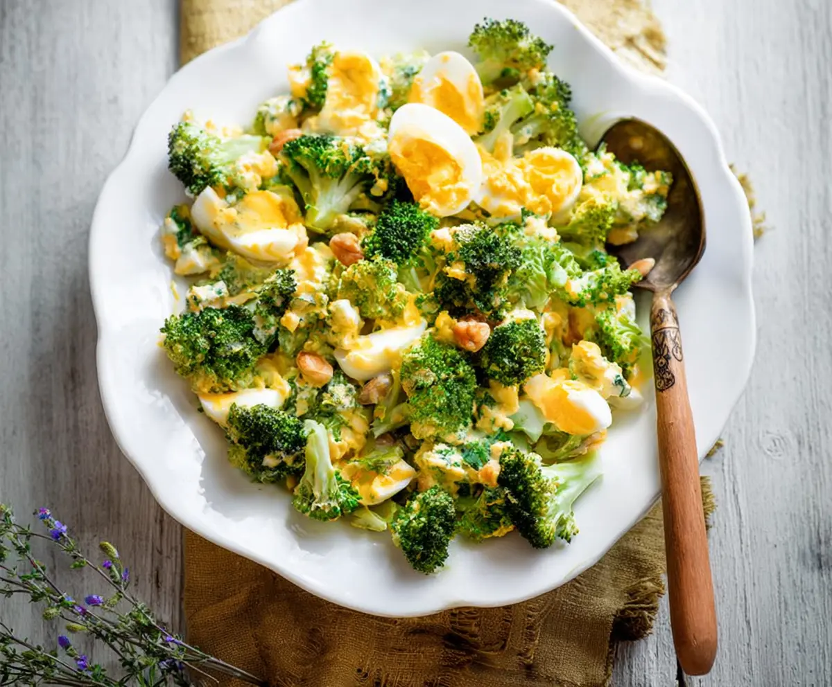 Healthy broccoli egg salad with fresh greens and a creamy dressing served on a white plate.