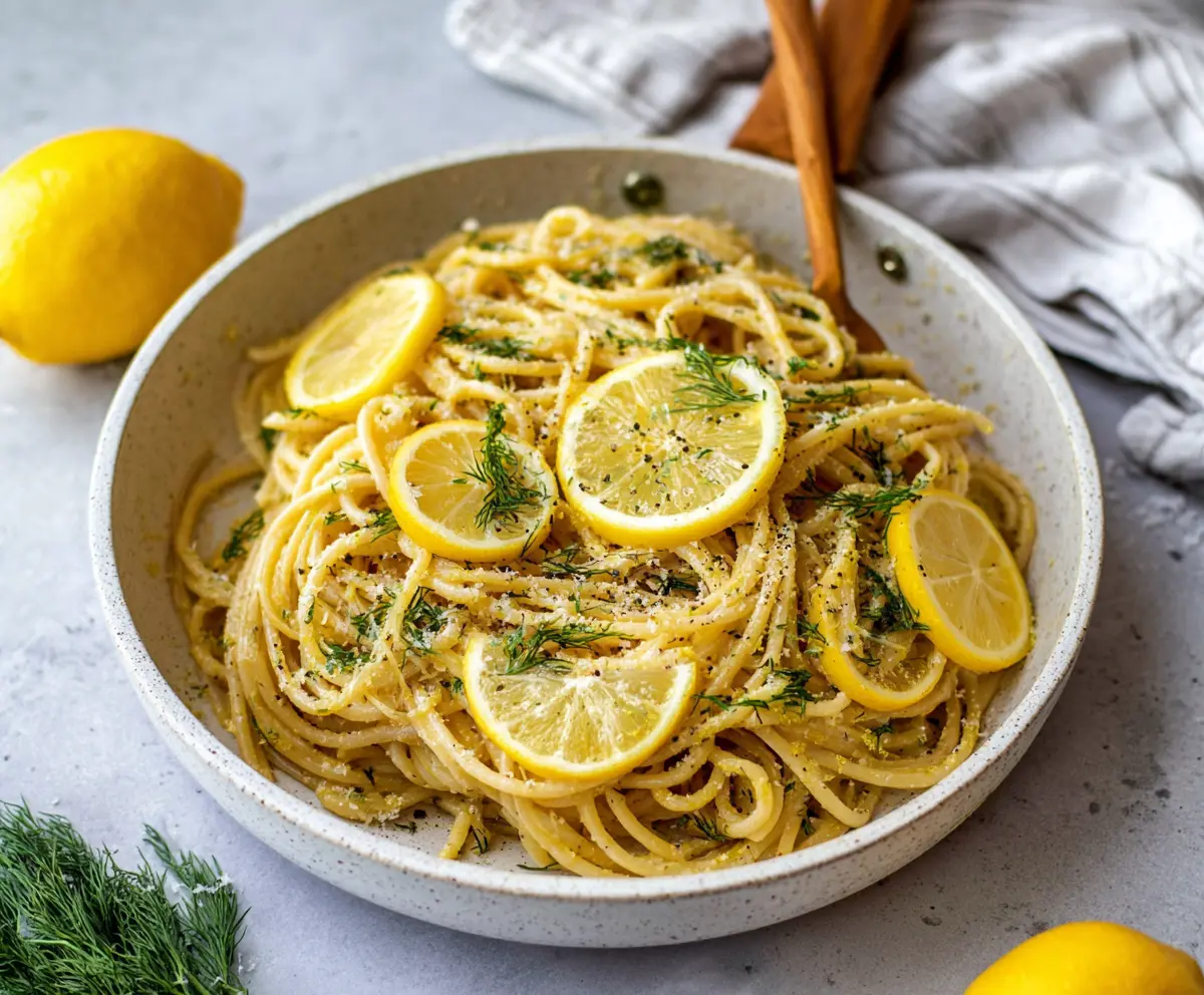 Delicious browned butter lemon dill pasta served in a white bowl, garnished with fresh dill and lemon zest.