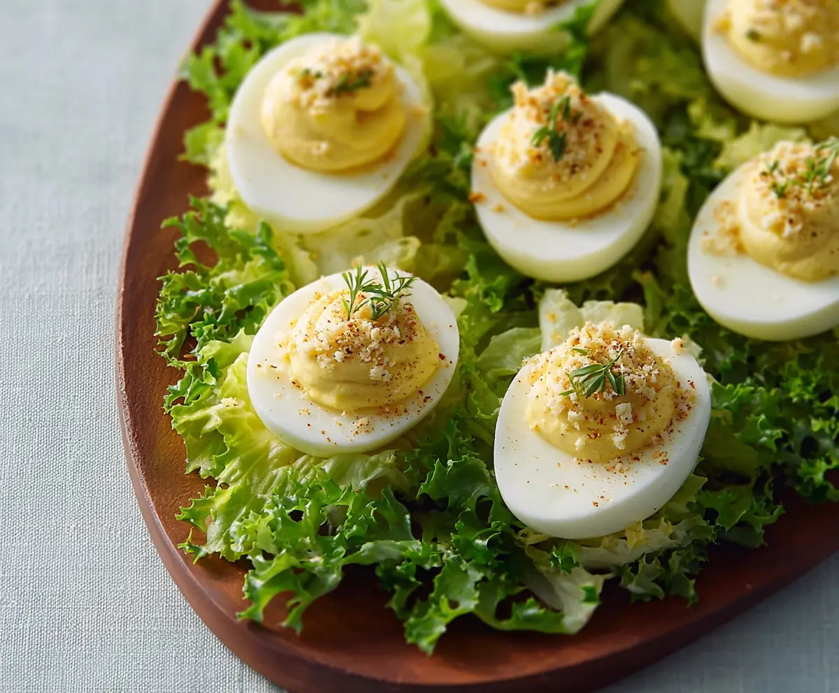Delicious Caesar Deviled Eggs garnished with herbs on a white plate, perfect for appetizers.