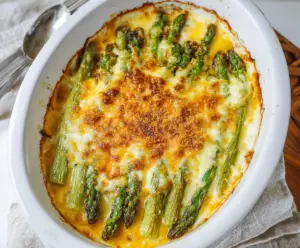Delicious Cheesy Asparagus Bake garnished with melted cheese and fresh herbs, perfect for a healthy meal.