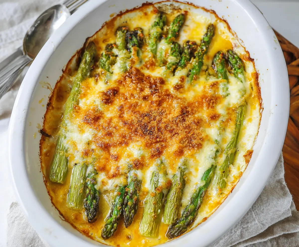 Delicious Cheesy Asparagus Bake garnished with melted cheese and fresh herbs, perfect for a healthy meal.