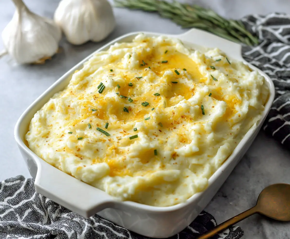 Creamy garlic mashed potatoes topped with melted cheese and fresh herbs, perfect comfort food.