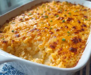 Delicious cheesy hashbrown potato casserole with golden melted cheese on top.