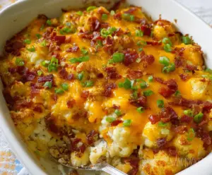 Cheesy loaded cauliflower casserole with melted cheese and crispy bacon on a baking dish.