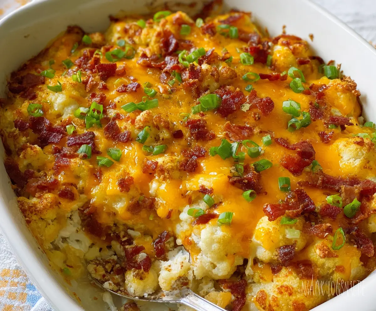 Cheesy loaded cauliflower casserole with melted cheese and crispy bacon on a baking dish.
