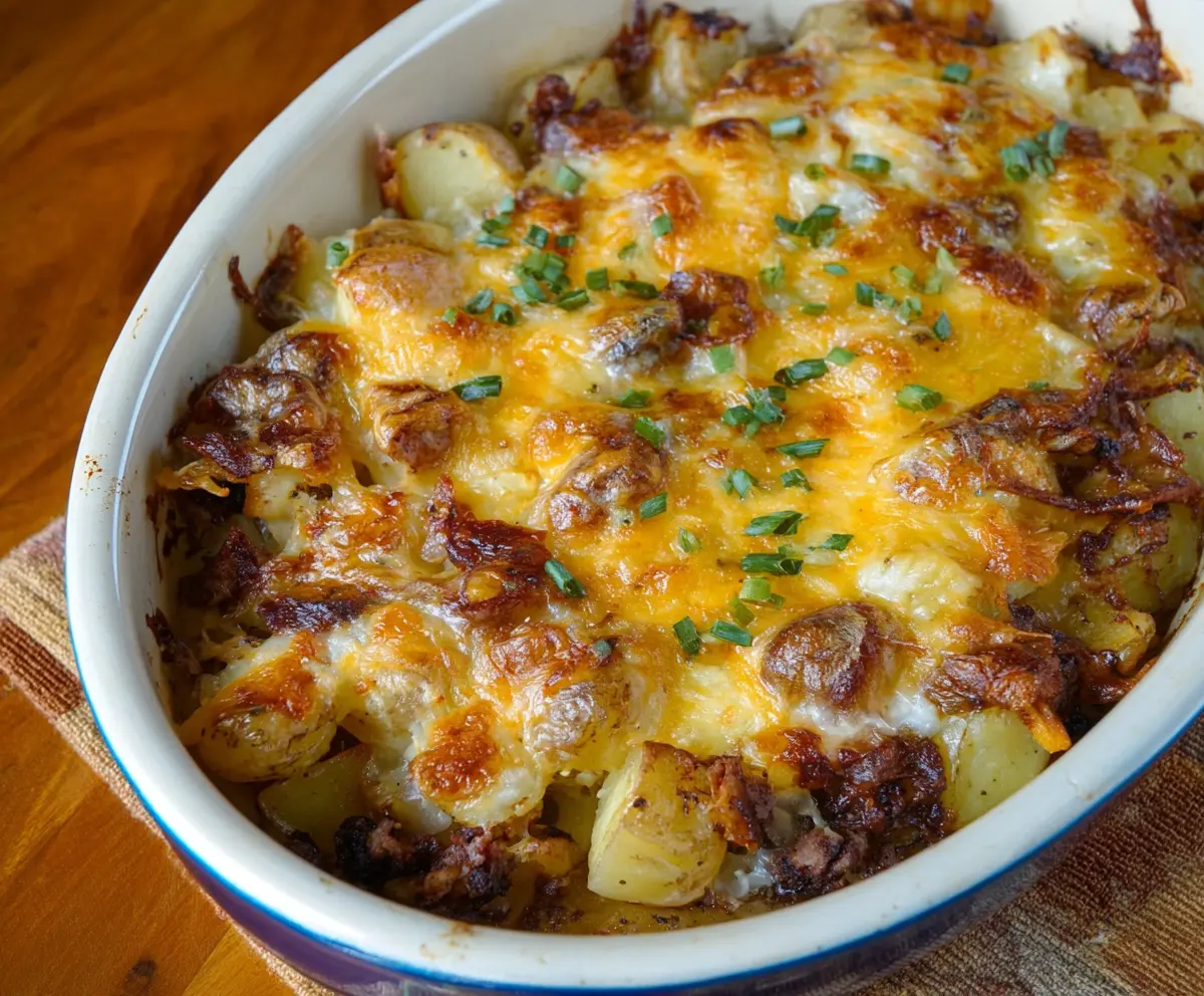 Delicious Cheesy Mississippi Mud Potatoes with melted cheese and crispy toppings on a serving plate.